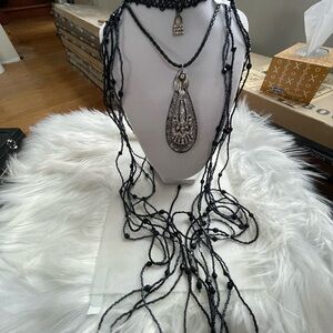Elegant Black Beaded Necklace trio  with choker, Pendant, and open ended piece.